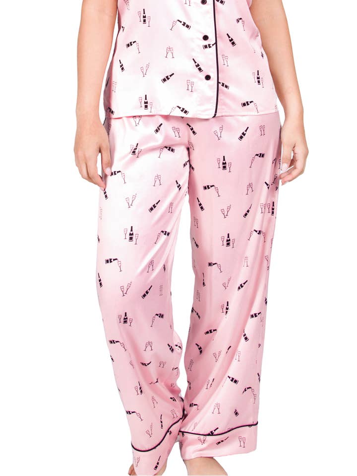 Amanda Blu - Wholesale Sleepwear Bottom - Women's - Champagne Bottles Silky Satin Pajama Pants | Pink PJ Bottoms
