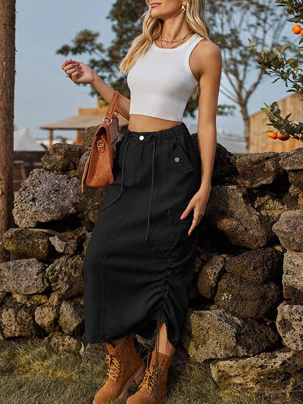 Sheer Trend - Wholesale Skirt - Women's - A-Line Loose Drawstring Elasticity Pockets Solid Color Split-Back Skirts Bottoms12