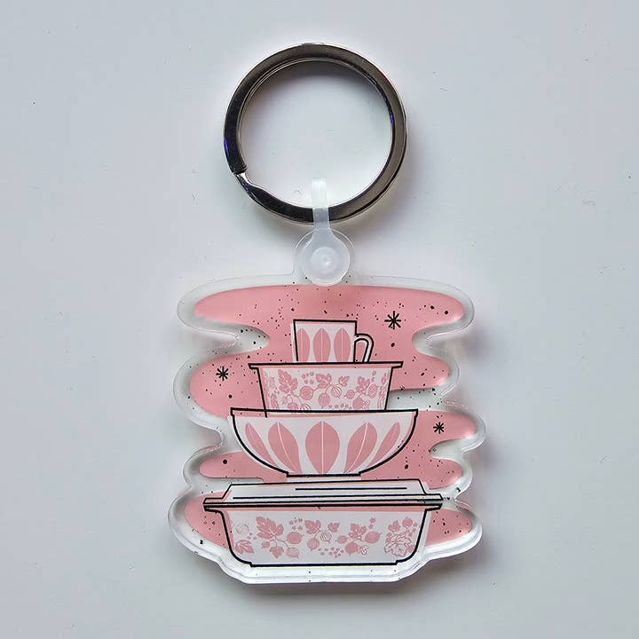 Pyrex Keychain - Pink Gooseberry Bowl Stack for wholesale by JoRetro