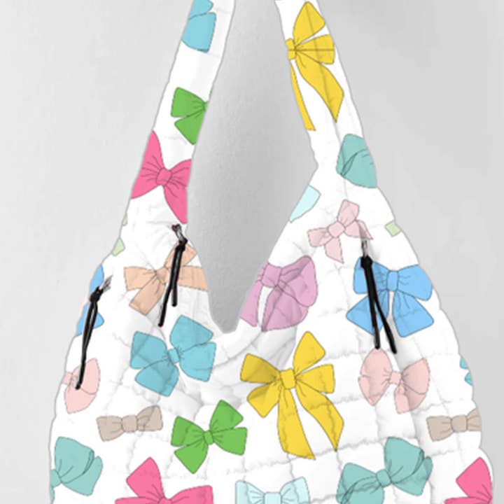 White Multicolored Coquette Bows Wholesale Quilted Tote Bag for wholesale on Faire