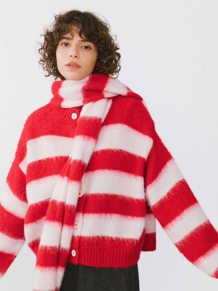 CUBIC - Wholesale Cardigan - Women's - Striped Color Block Wool Knit Cardigan With Scarf11