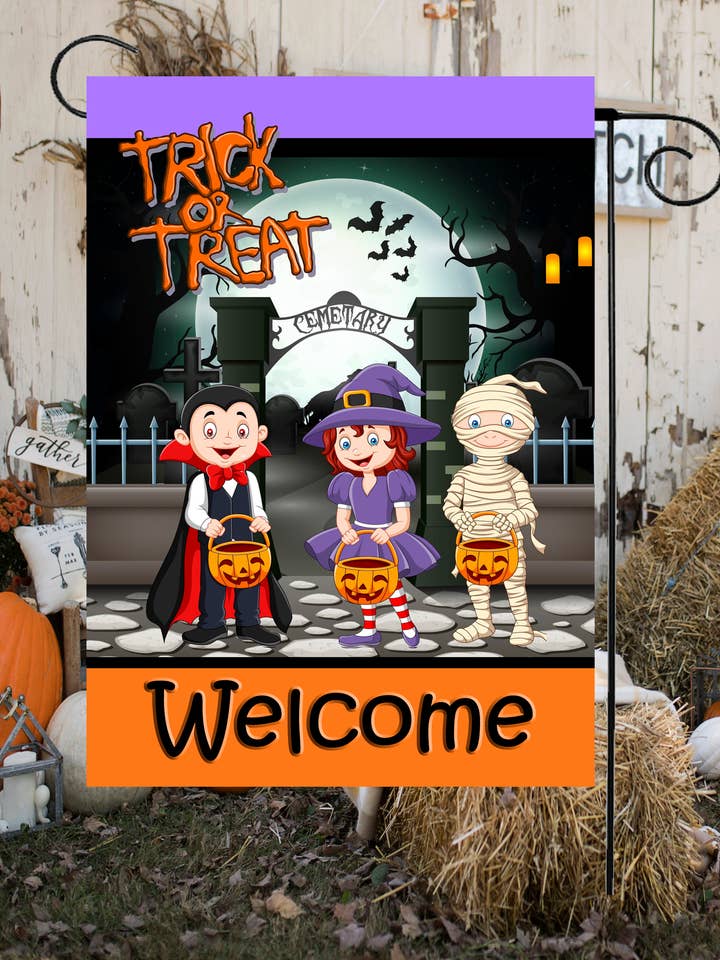 Trick or Treat Welcome Kids in Costumes Garden Flag #G1604 for wholesale by Happy Cow Lawn Decor