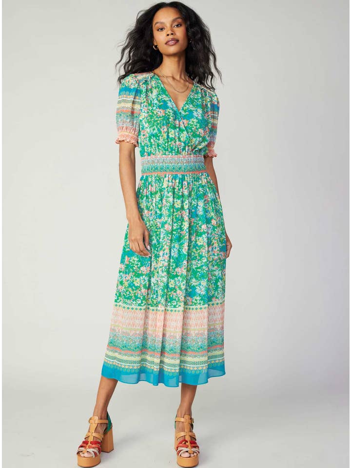 Green Multi Floral Border Print Surplice Midi Dress for wholesale on Faire1
