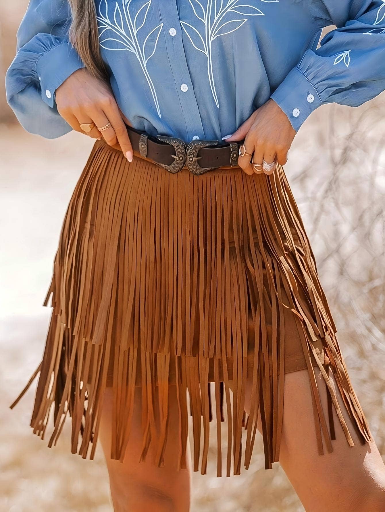Caramel Retro Western Cowgirl Fringe Mini Skirt for wholesale on Faire0