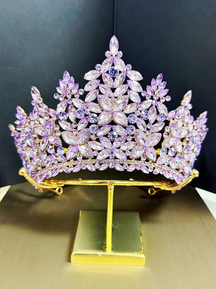Quinceanera Crown, Purple Crystal Crown, Prom Gold Headdress for wholesale by Happy Dream Gifts