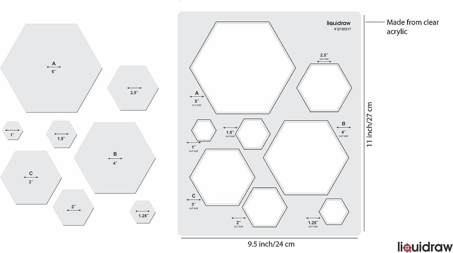 Liquidraw – wholesale Craft tool – Liquidraw Quilting Templates & Rulers for Patchwork Acrylic Stencils Set Hexagon, Hearts, Square & Circle (Hexagon)1
