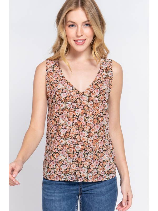 Active Basic | Active USA - Wholesale Blouse - Women's - Sleeveless Double V-neck Floral Printed Woven Top