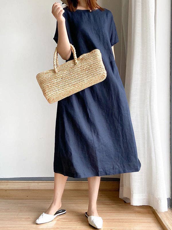 StyleGalX - Wholesale Dress - Women's - Casual Loose Solid Color Round-Neck Midi Dresses