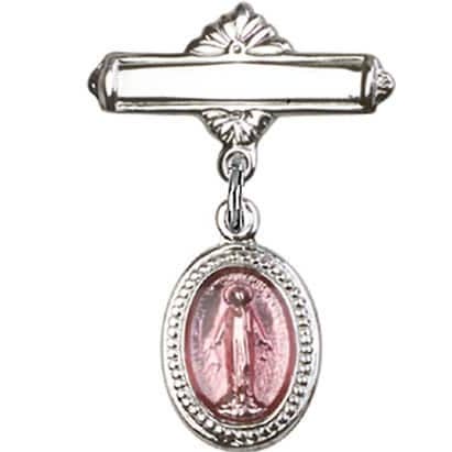 Sterling Silver Baby Badge with Pink Religious Charm and Polished Badge Pin for wholesale by NYMAN JEWELERS