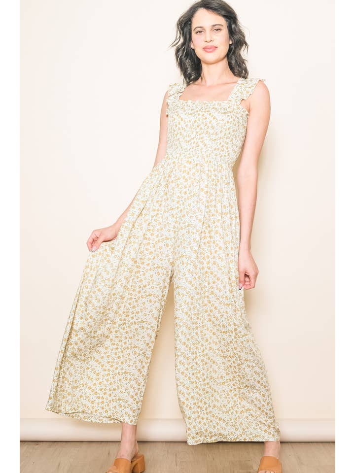 Elloh Collection - Wholesale Jumpsuit - Women's - Super Comfy Ruffle Shoulder Smocked Wide Leg Jumper Jumpsuit