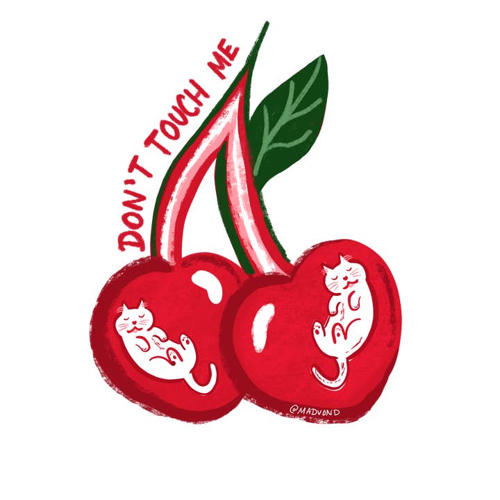 Don't Touch Me Cat Cherries Valentines Sticker for wholesale by Madison Vermilya Art