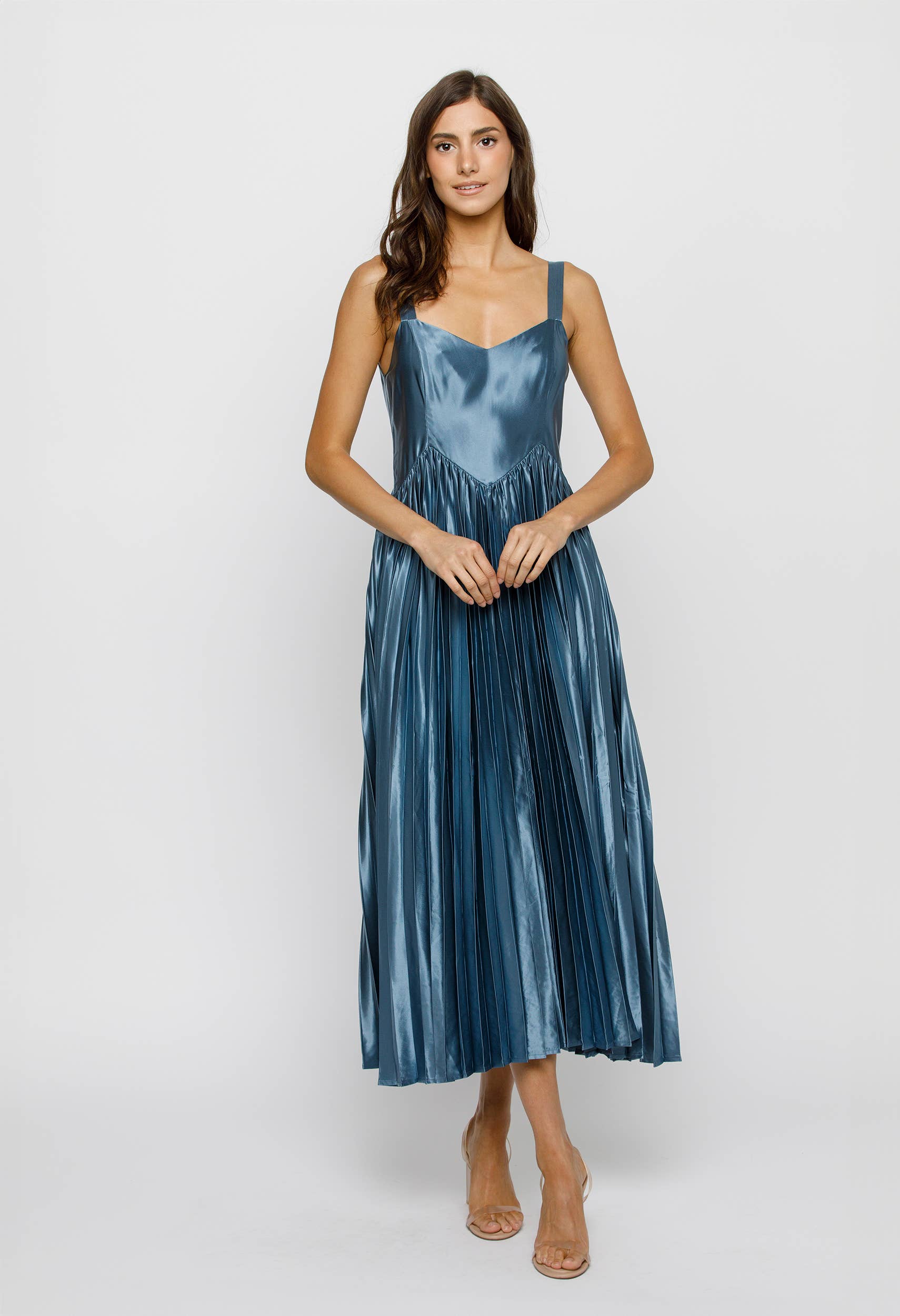 STORIA – wholesale Dress – Women's – JD6918- SOLID SHEEN ACCORDION PLEAT MIDI DRESS 25