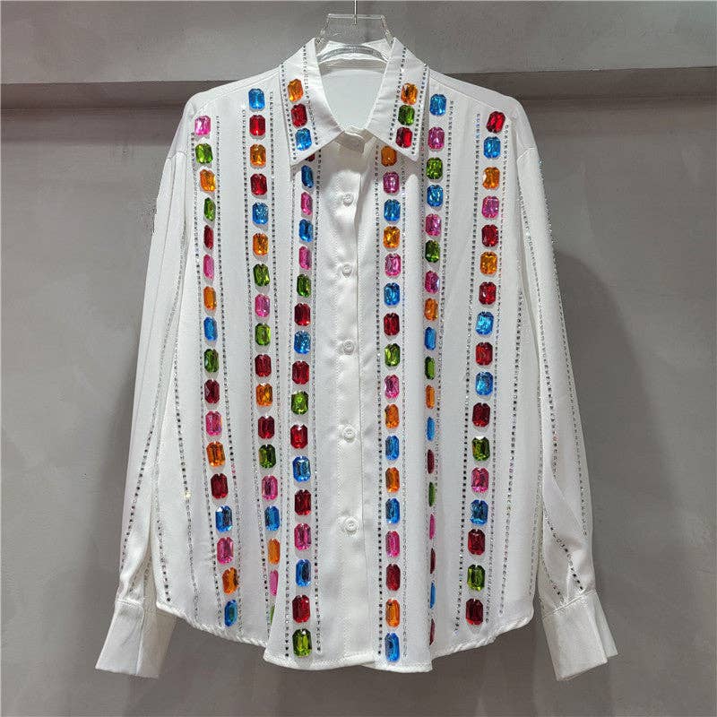 Sanyao Fashion - Wholesale Overhemd met knopen - Dames - M244 Glam Gestreepte Rhinestone Blouse met Handgemaakte Glans0