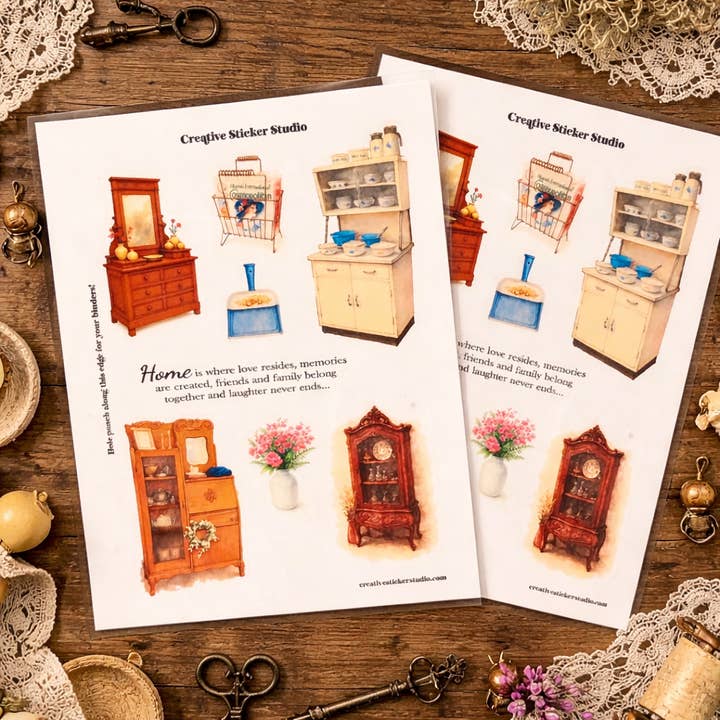 Sticker Sheet Set of 2 - Antique Store Furniture & Floral for wholesale by Creative Sticker Studio
