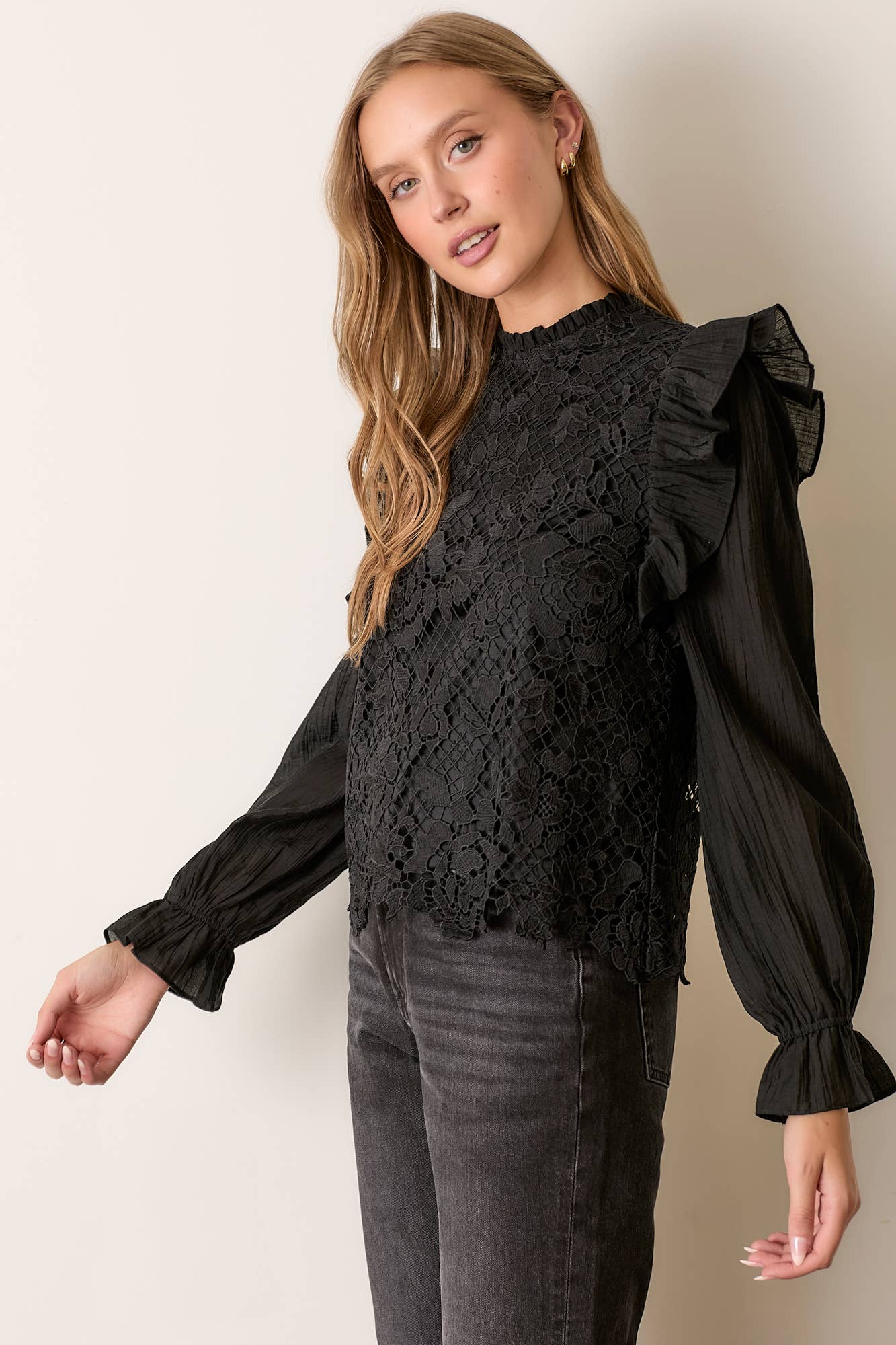 Polagram by Wellmade USA – wholesale Blouse – Women’s – TEXTURED LONG SLEEVE TOP W SHOULDER RUFFLE2