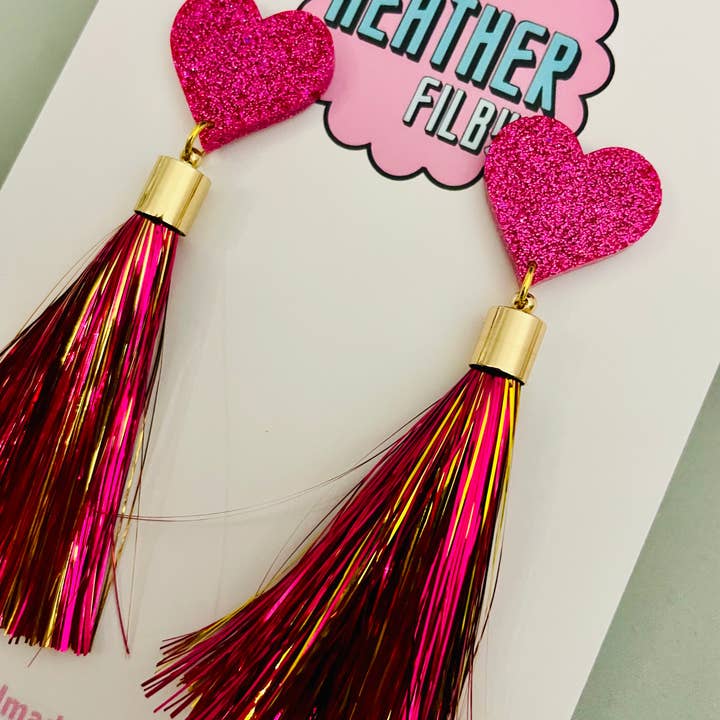 By Heather Filby - Wholesale Tassel Earrings - Pink Tassel Heart Glitter Resin Earrings4