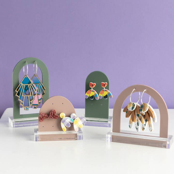 Set Of Four Dangle Earrings And Studs Arched Holder for wholesale by The Gifting Knot Ltd