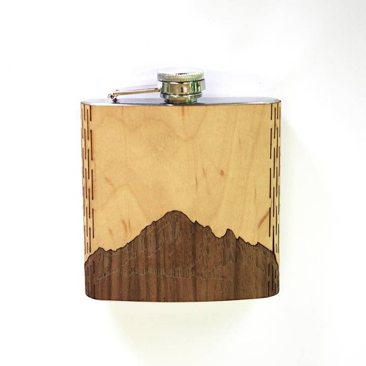 Wooden Hip Flask - Cascade Range (Mt. Baker) for wholesale by WUDN Handcrafted