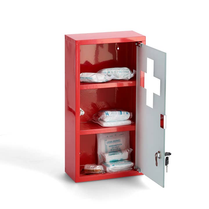 Medicine cabinet, metal/glass, red for wholesale on Faire2