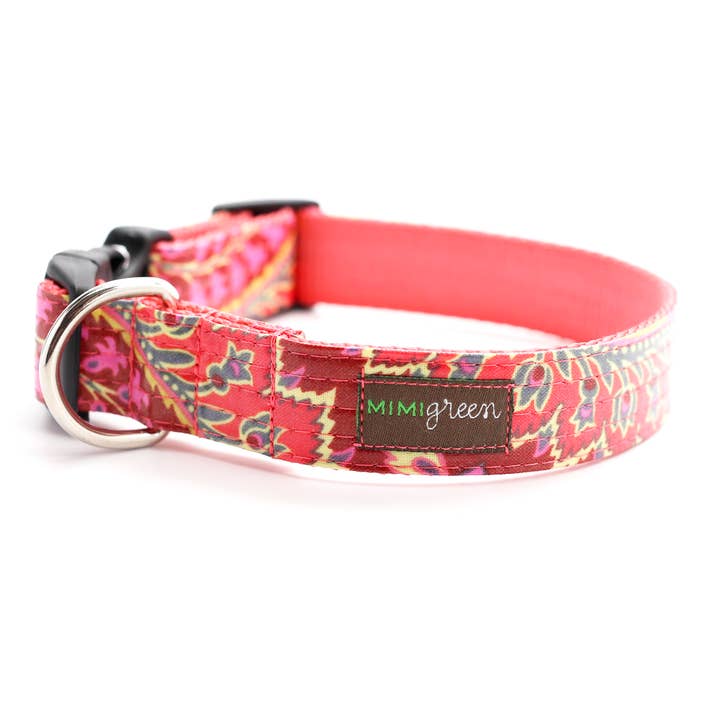 Sweet Pea Pink Paisley Laminated Cotton Dog Collar for wholesale by Mimi Green