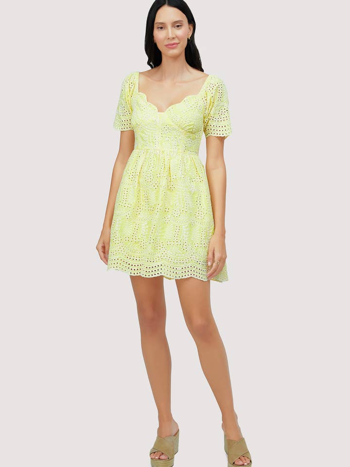 Lemon Drop Mini Dress - Airy Embroidery Yellow Scallop Neck for wholesale by Lost + Wander