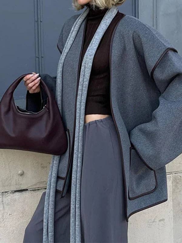 GRAY Long Sleeves Loose Pockets Solid Color Split-Joint Tied Waist V-neck Woolen Coat for wholesale on Faire5
