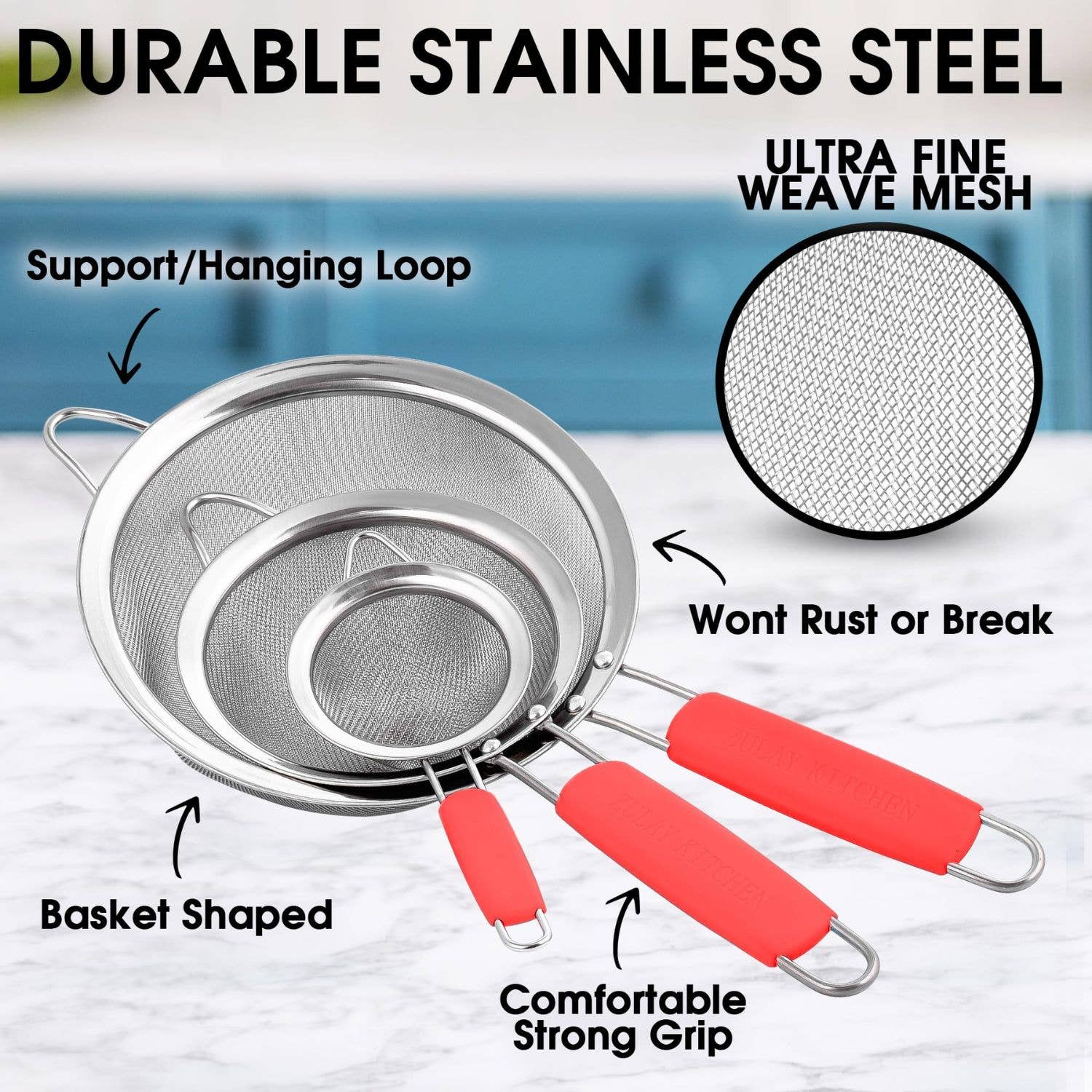 Zulay Kitchen - Wholesale Sifter - Premium Stainless Steel Fine Mesh Strainer Set of 34