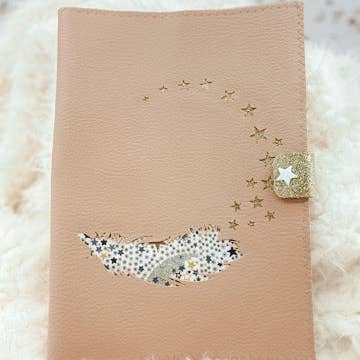 Feather and stars beige health book cover in imitation leather and liberty for wholesale by Crapaud Chou