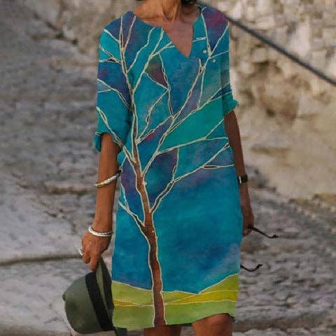 KK Bloom - Wholesale Dress - Women's - Summer Women's Printed Fashion V-neck Loose Plus Size Dress