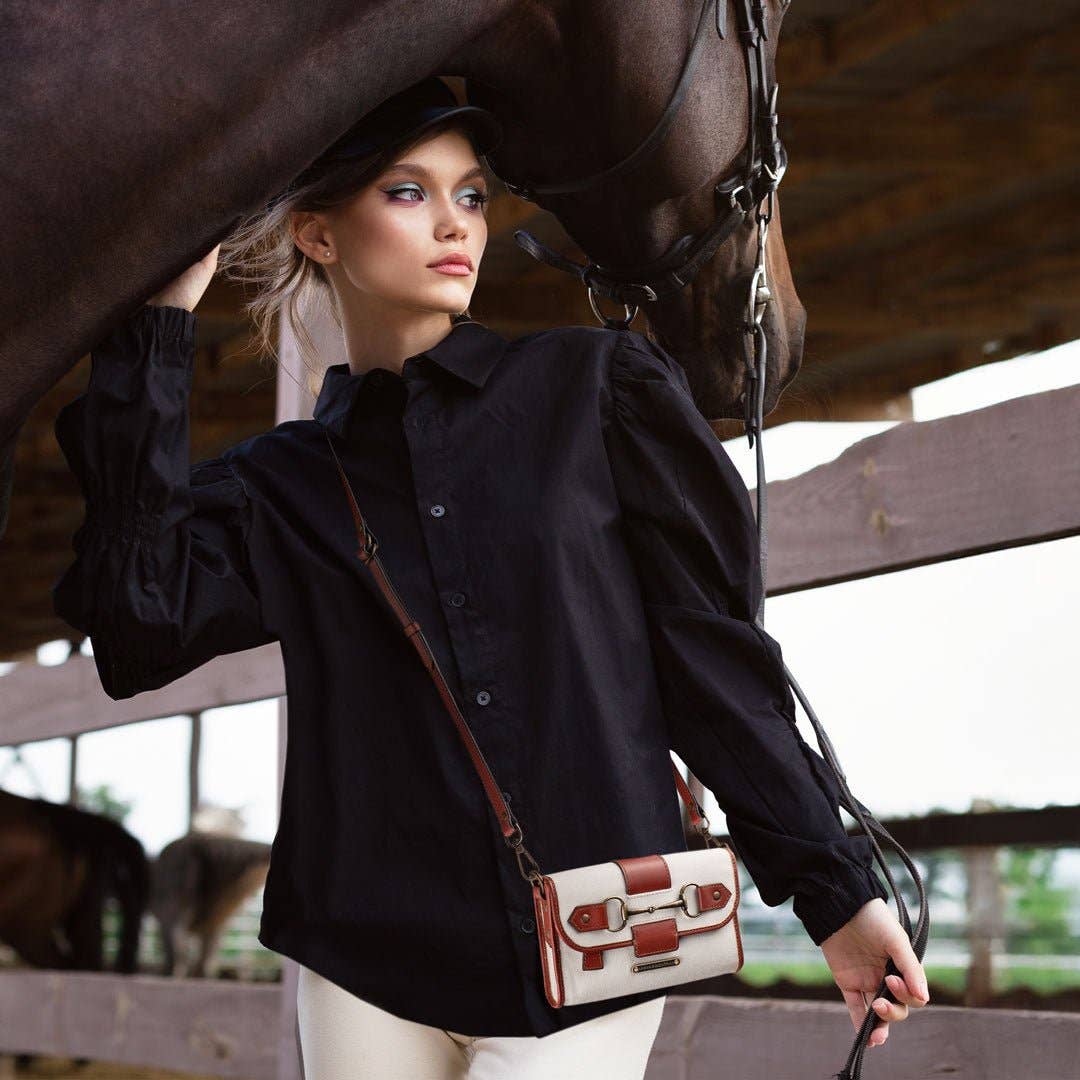URBAN-EQUESTRIAN - Wholesale Crossbody Bag - Women's - Dalton - Horse Bit Crossbody Luxury Leather Handbag in Cognac on Ivory1