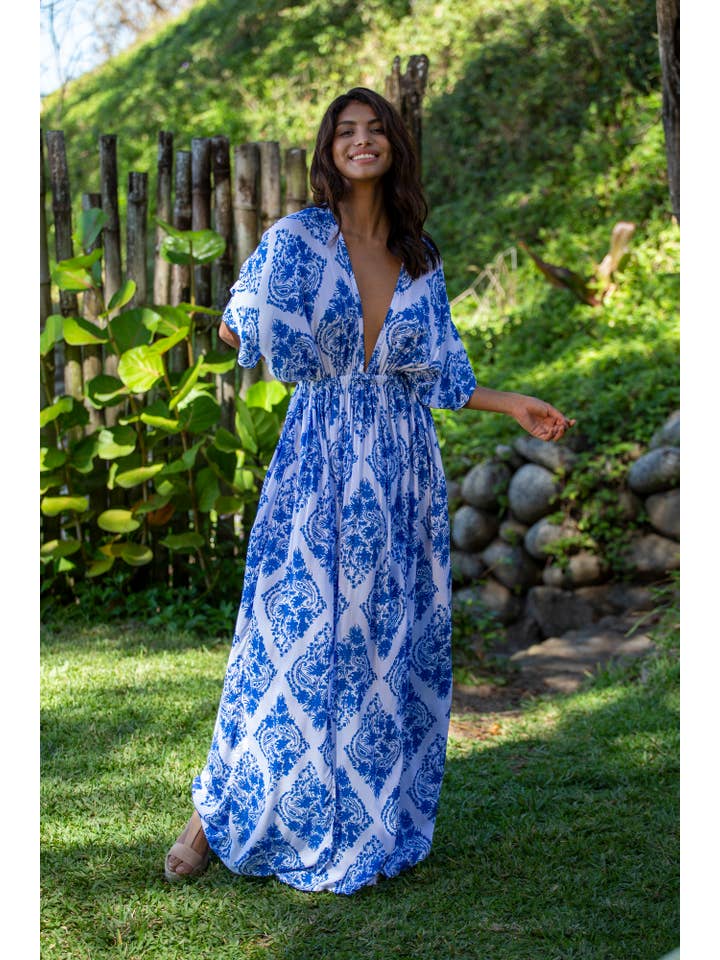 Bali Prema – wholesale Dress – Women's – Summer Double Slit Sexy Amy Kimono Maxi Dress in Premium St Johns Blue Diamond