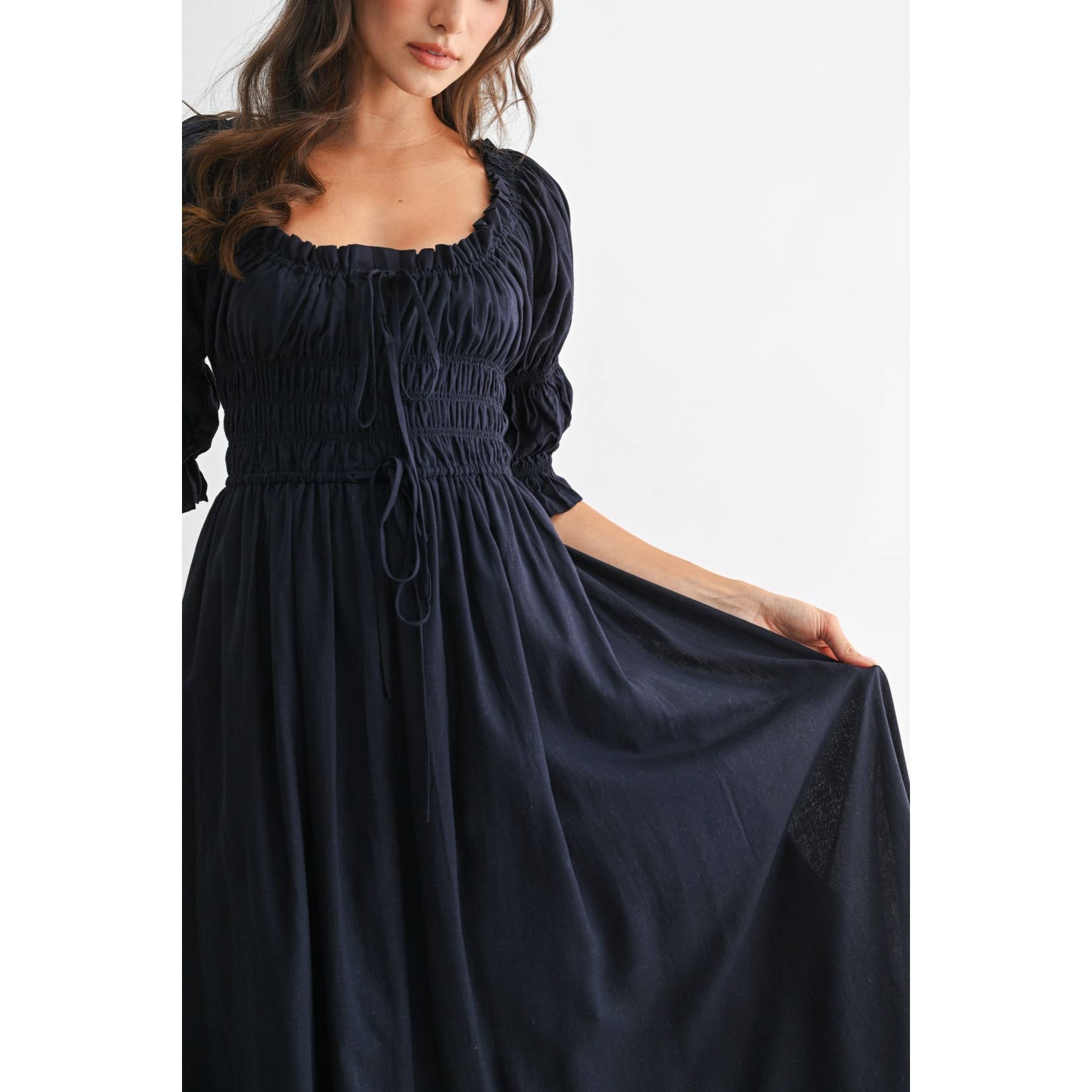 Camellia - Vente Robe – femme - ROBE MIDI ÉPAULES DÉNUDÉES SMOCKÉE AVEC JUPE PLISSÉE4