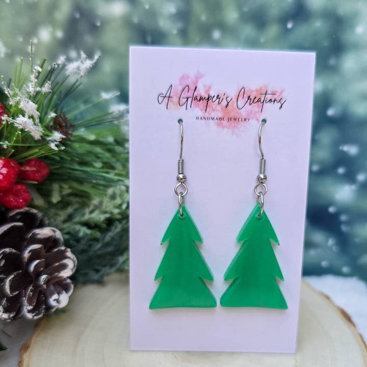 Green Marbled Pearl Christmas Tree Acrylic Earrings for wholesale by A Glamper's Creations LLC