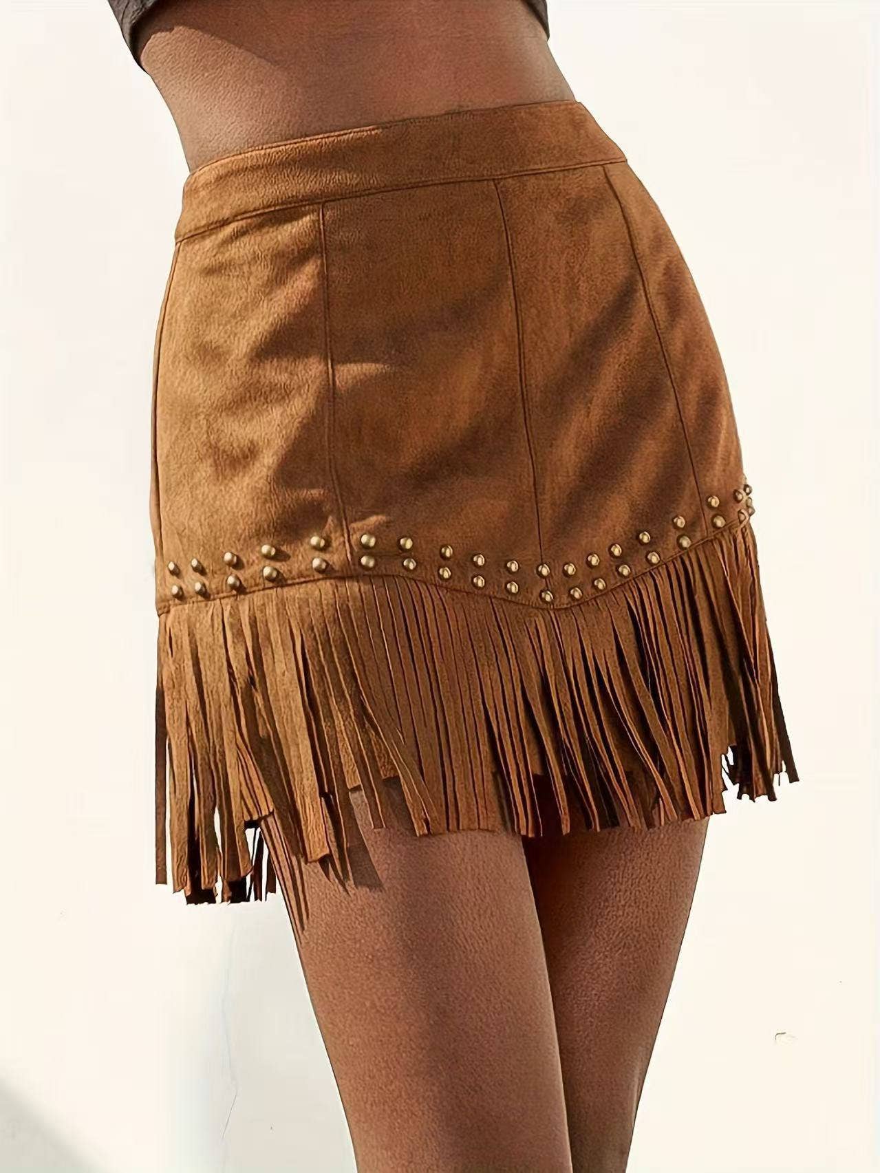 Brown Women Western Fringe Suede  Retro Style Mini Skirt for wholesale on Faire0