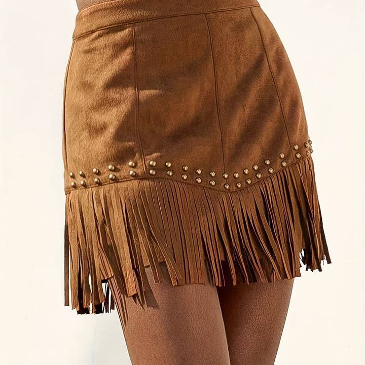 Brown Women Western Fringe Suede Retro Style Mini Skirt for wholesale on Faire
