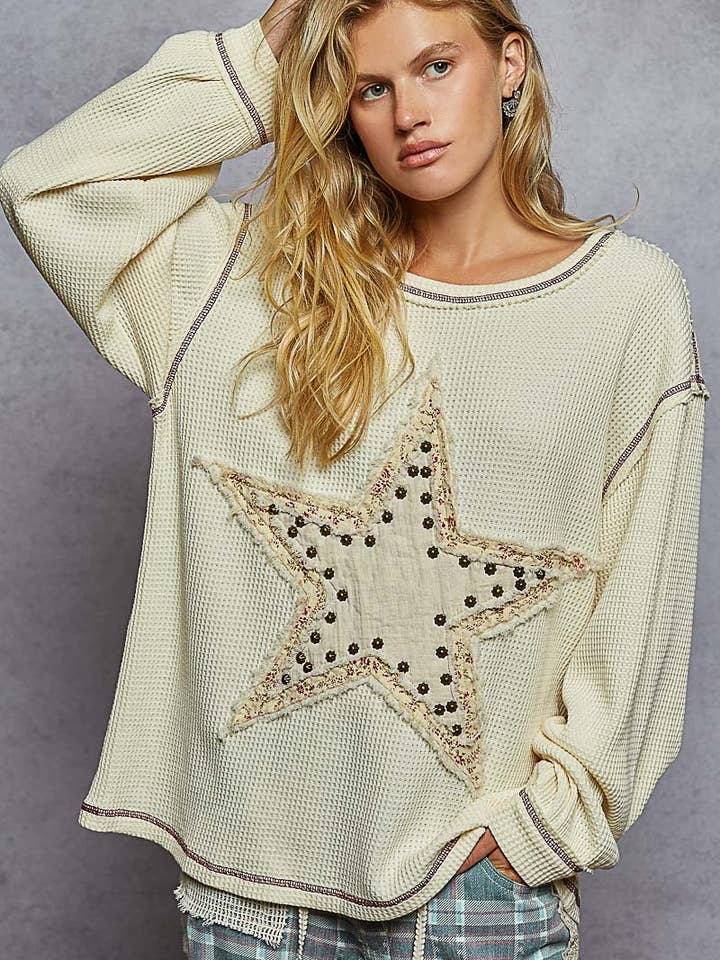 Long sleeve round neck star patch thermal knit top for wholesale by Pol Clothing