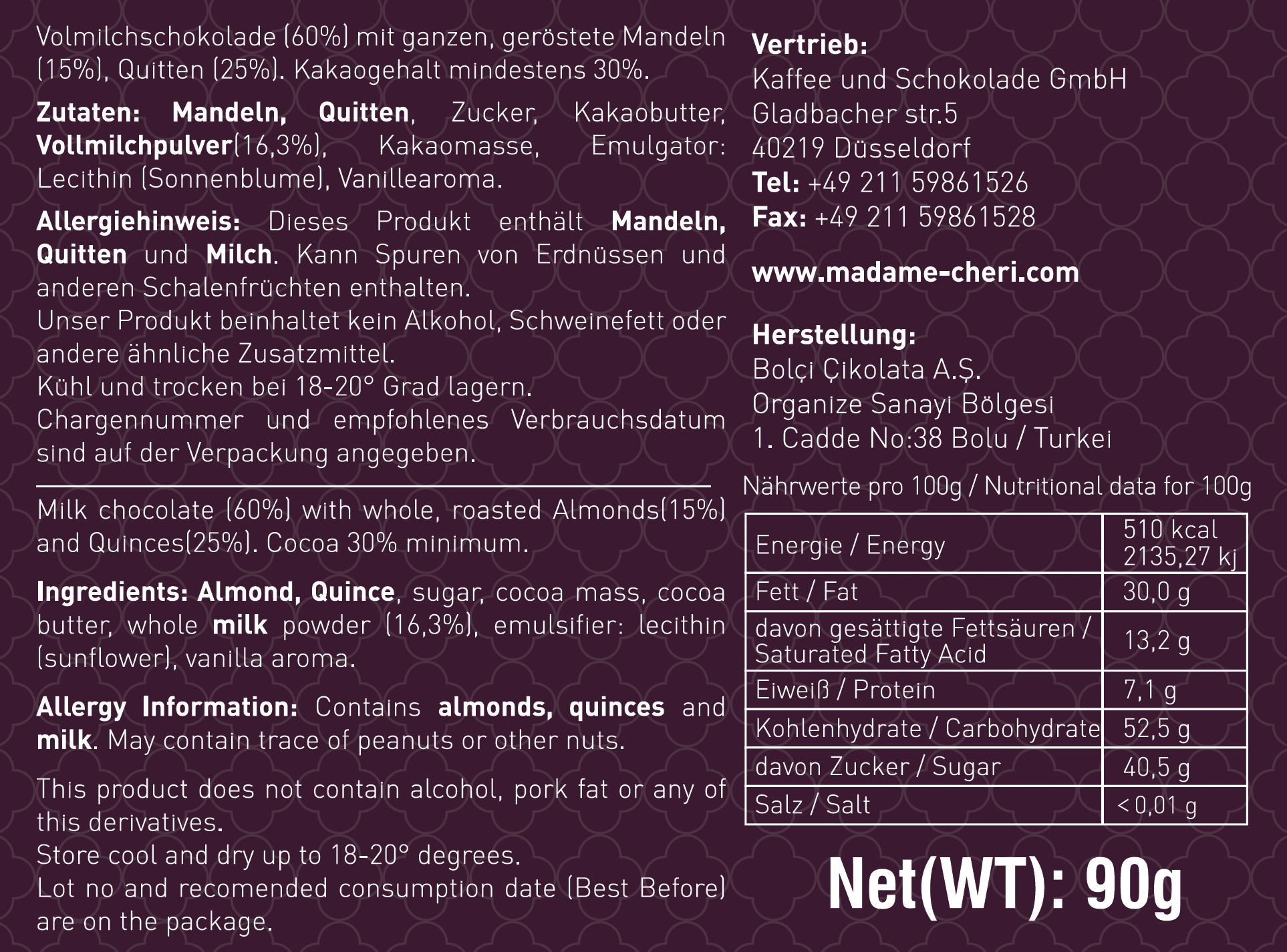 Kaffee und Schokolade GmbH - Vente Barre chocolatée - Chocolat au lait entier coing et amandes entières 90 g3