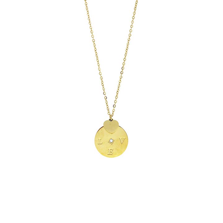 stainless etched LOVE round charm necklace for wholesale by Marlyn Schiff