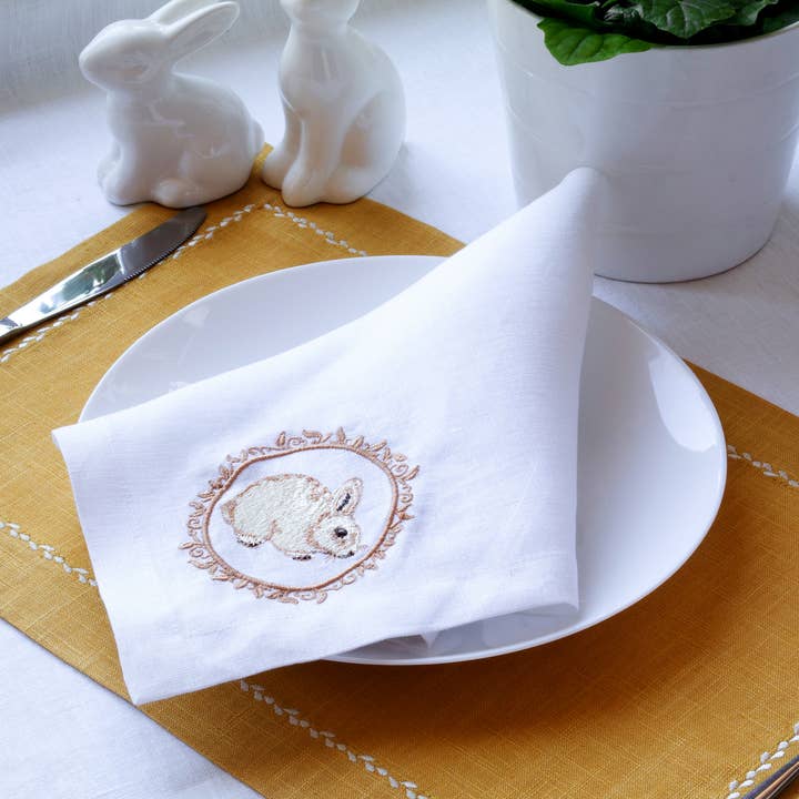 Embroidered Easter Bunny linen Napkins, Easter Dinner Napkin for wholesale by Liem Home