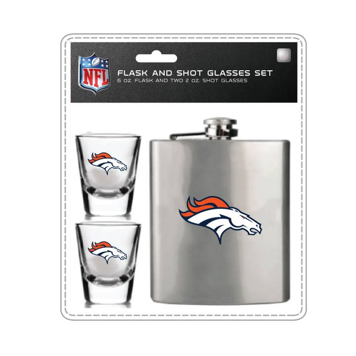 NFL Denver Broncos Hip Flask & Shot Glass Set for wholesale by Mojo Licensing