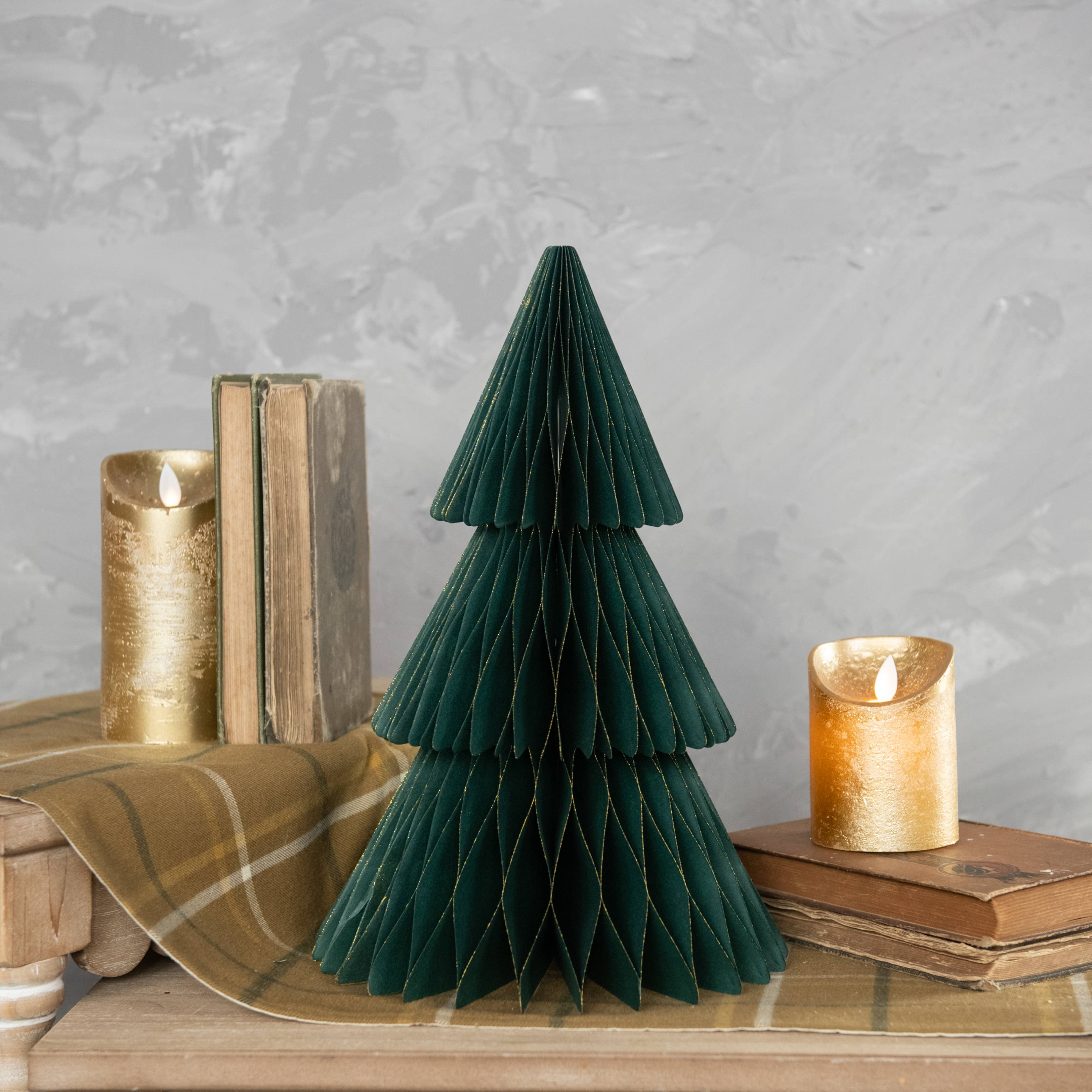 Ragon House - Wholesale Christmas Decoration - 13.75" EMERALD GREEN W/ GOLD TRIM PAPER CONE TREE0