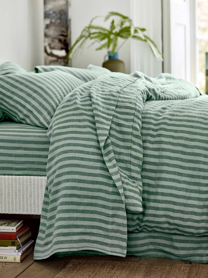 Pine Green Pembroke Stripe Linen Blend Flat Sheet for wholesale by Piglet in Bed USA