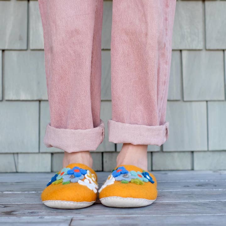 Fuzzy cove - Wholesale Slippers - Women's - Floral Organic Merino Wool Slippers | Eco-Friendly Flower Design, Rubber or Leather Sole, Cozy Comfort Luxury Women Gift, Felt Flowers