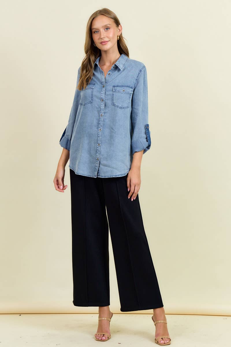 Doe and Rae – Camisa com botões no colarinho – Mulher por atacado – Camisa Chambray Button Down Com Manga Roll Up - 41778T9