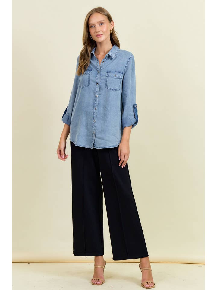 Doe and Rae - Wholesale Overhemd met knopen - Dames - Chambray overhemd met knoopsluiting en oprolbare mouwen - 41778T9