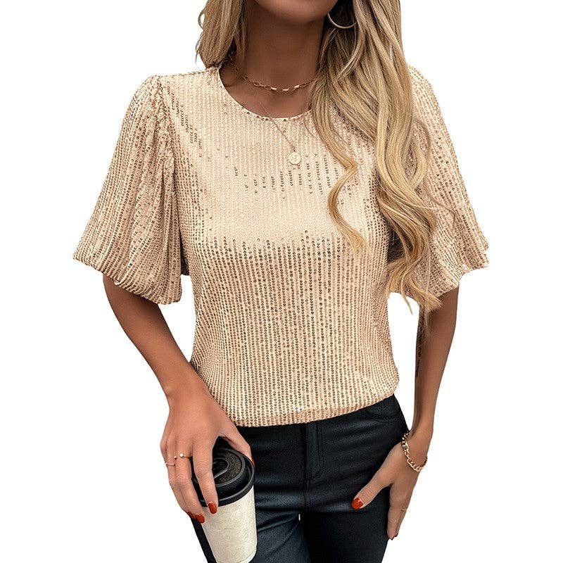 D GULD T-shirt med bobleærmer og glimmer, rund hals, ensfarvet for engroshandel på Faire4