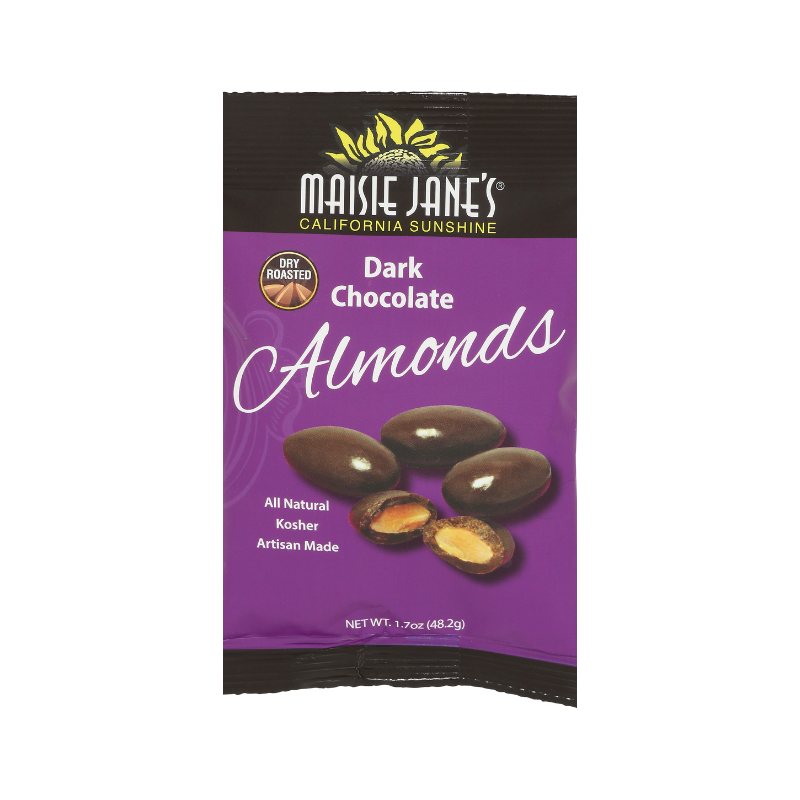 Maisie Jane’s - Wholesale Chocolate Covered Sweets - Dark Chocolate Almonds, Snack Packs, (36ct, 6/6POS) 1.7 oz.2