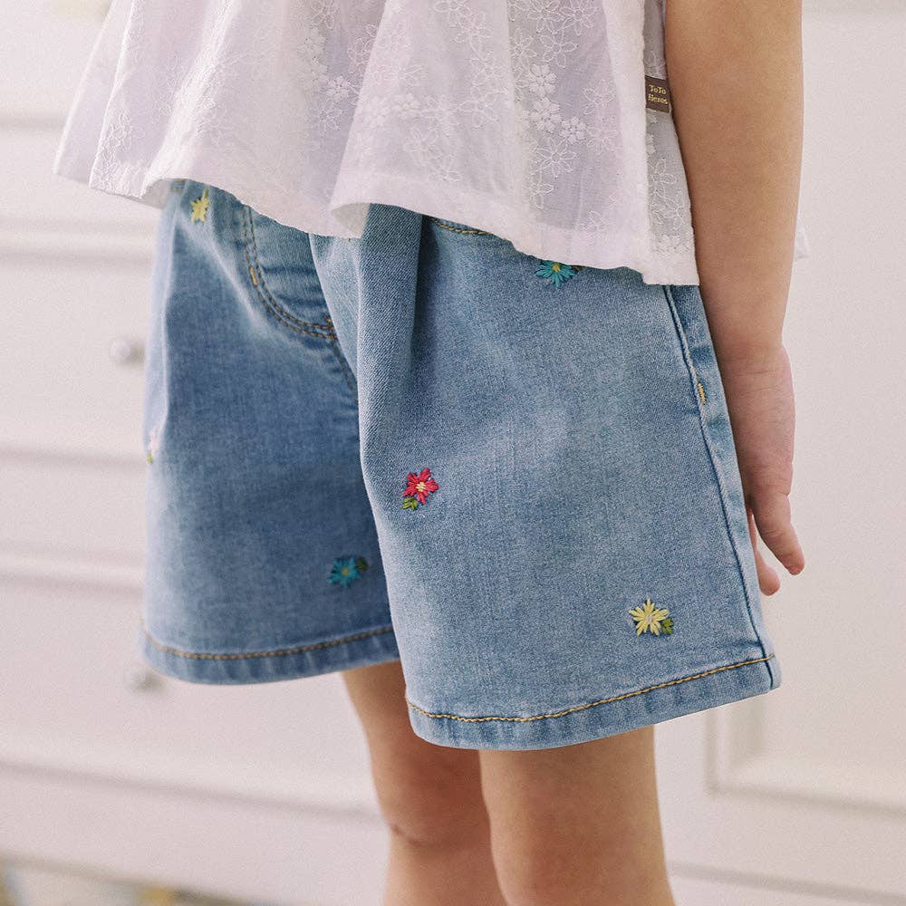 ToTo Heros - Wholesale Shorts - Kids - Millie Wide Leg Flower Embroidery Denim Shorts1