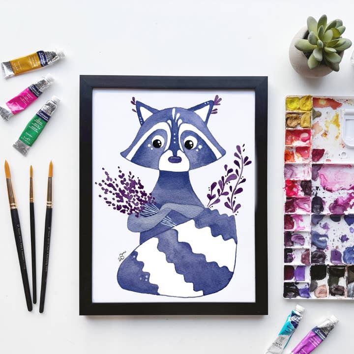 Lavender Raccoon Watercolor Print – Whimsical Floral Art for wholesale by Owlfeathers Watercolor