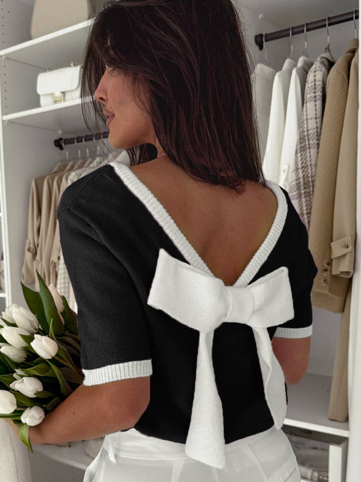 Paige | Colorblock Bow V-Shape Cut Back Short Sleeve Sweater for wholesale by Babs + Birdie